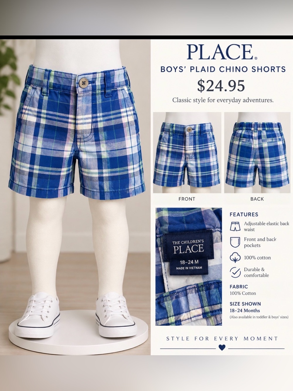 The Children's Place Blue Plaid Chino Shorts with Green and Pale Pink Stripes